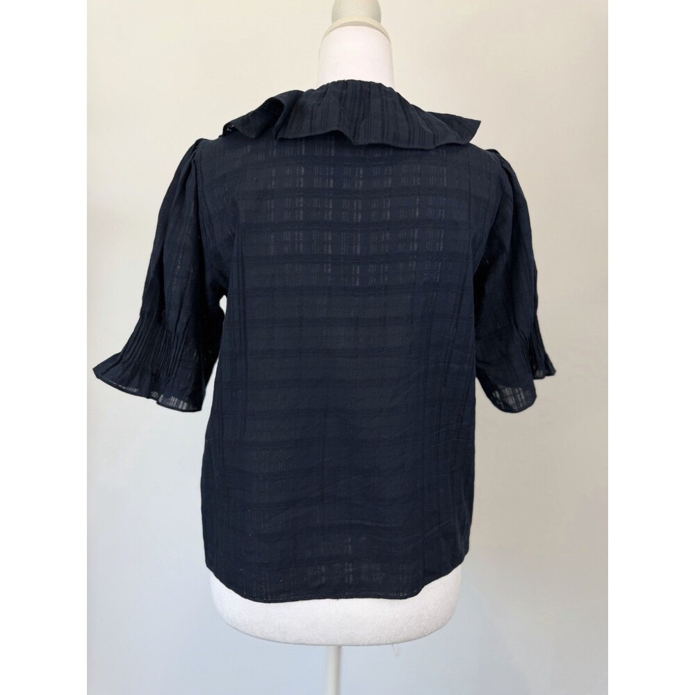Madewell XXS Black Ruffle Blouse Cotton Plaid Textured Puff Sleeve Romantic Top - Picture 2 of 8
